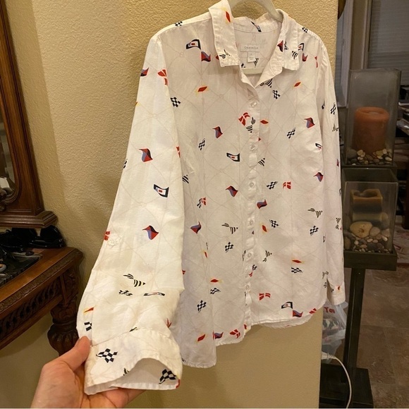 CHARTER CLUB Women Mariner Graphic Linen Blend Button Long Sleeve Shirt-Large - Picture 2 of 9